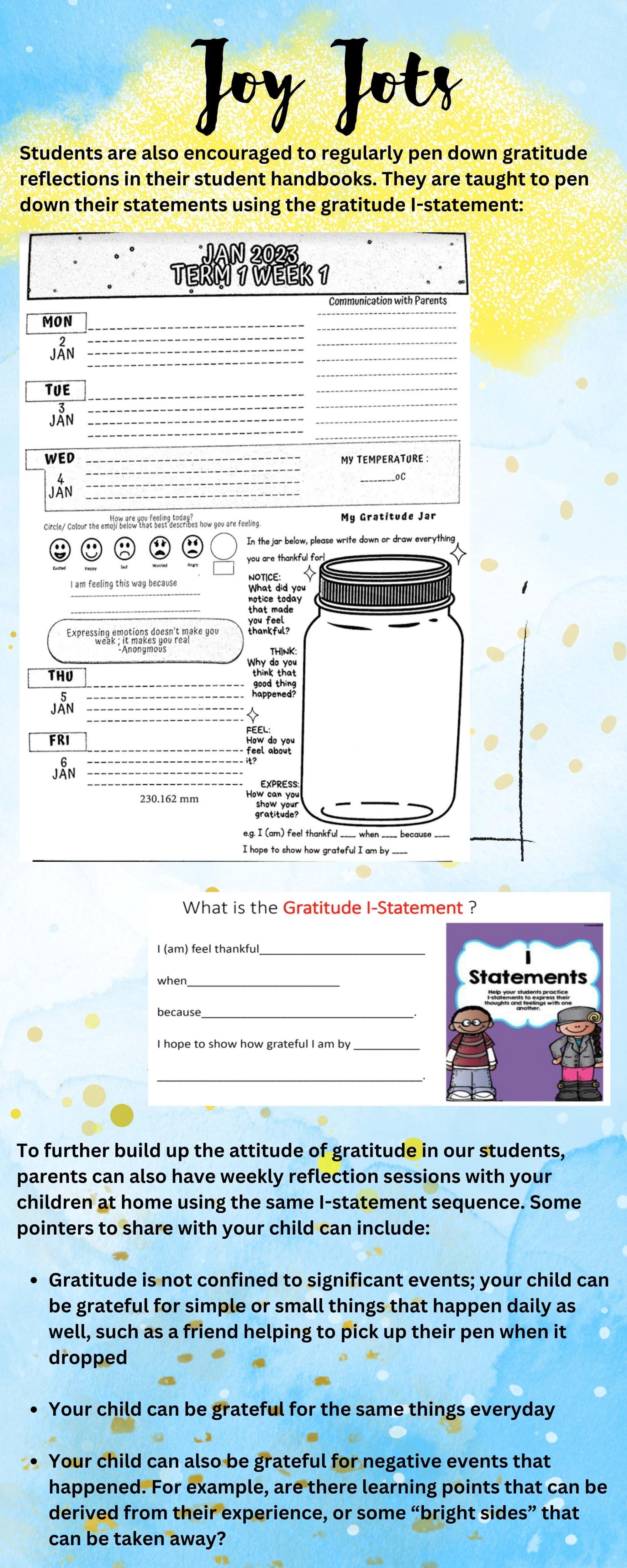 A student handbook page titled Joy Jots showing a gratitude jar activity and Gratitude I-Statement worksheet for January 2023.